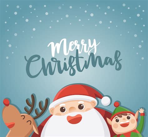 メリークリスマスと新年あけましておめでとうございますグリーティングカード。エルフとトナカイとサンタ。 プレミアムベクター