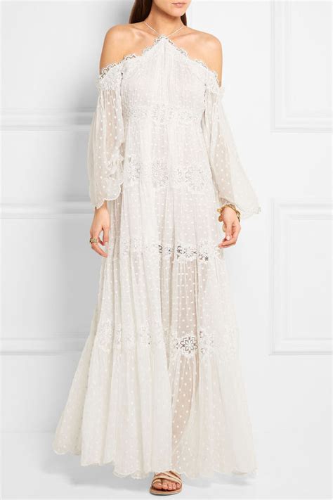 White Halter Maxi Dress Off Shoulder Silk Jacquard Embroidered Lace