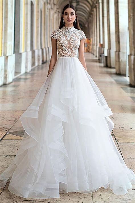 marvelous tulle illusion high collar a line wedding dresses with beaded lace appliques layered