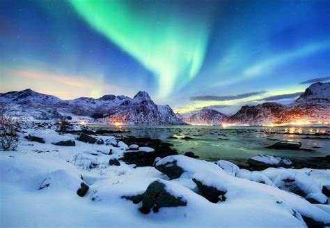 Aurora Borealis On The Lofoten Islands Norway Night Sky With Polar