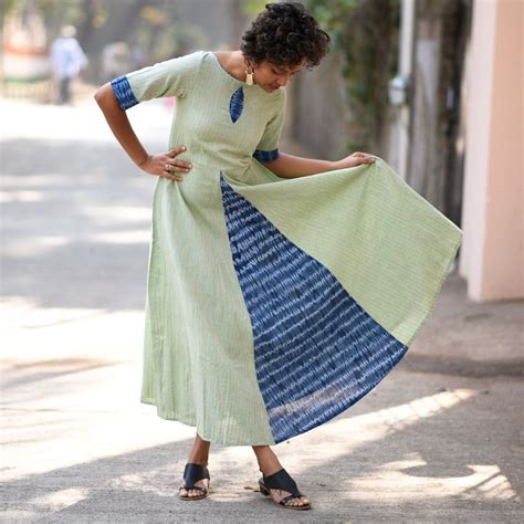 Mint Khadi Dobby Long Dress With Shibori Details Rustorange Simple Kurti Designs One Piece