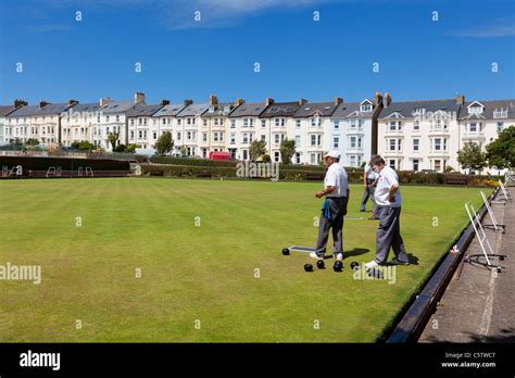 Outdoor Bowling Green With Three Men Playing Bowls Seaton Devon England