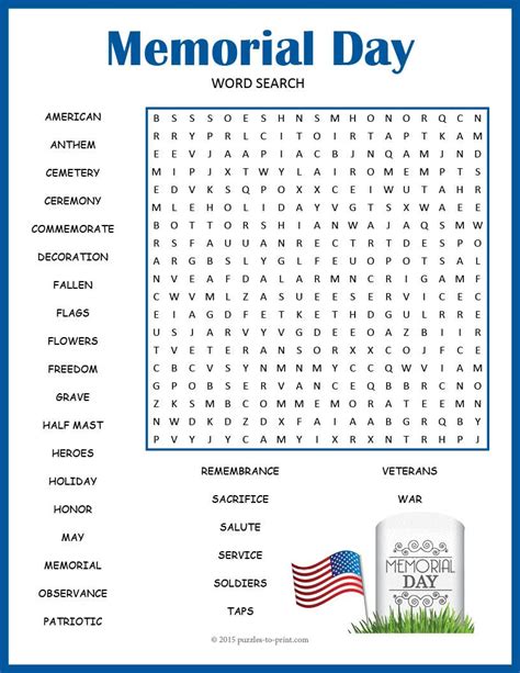 Memorial Day Word Search Puzzle Worksheet Activity