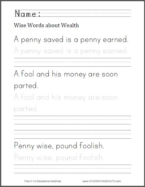 Standard core identified font (lower case letters). Wise Words about Wealth Handwriting Worksheet | Student Handouts