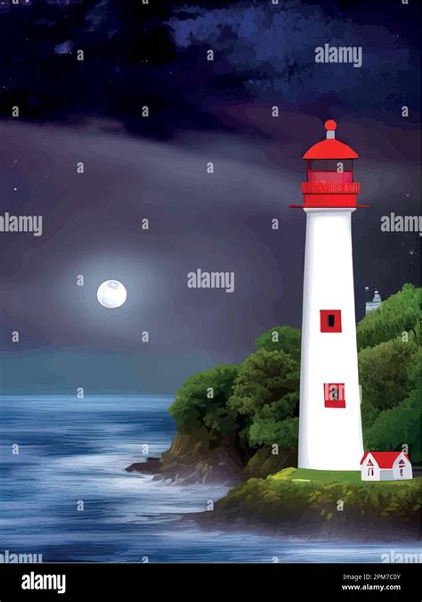 Vector Illustration Lighthouse In Night Sea Lighthouse By Sea With