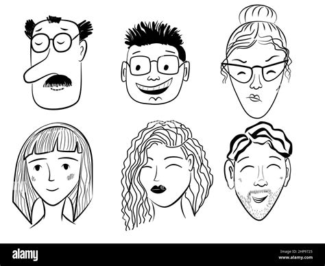Doodle Faces Set Vector Illustration Of Simple Cartoon Characters Of