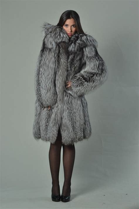 silver fox fur coat women s hooded knee length luxury etsy