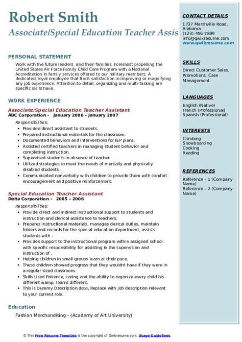 Special Education Teacher Assistant Resume Samples Qwikresume