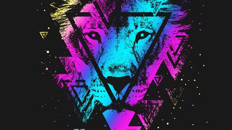 Download Wallpaper 2048x1152 Lion Colorful Triangle Art Muzzle