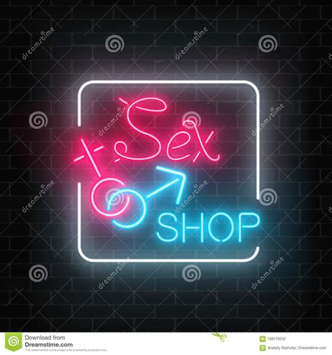 Glowing Neon Sex Shop Street Sign On Dark Brick Wall Background Adult