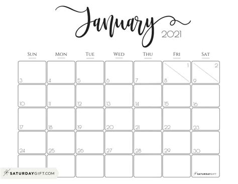 Cute And Free Printable January 2021 Calendar Saturdayt