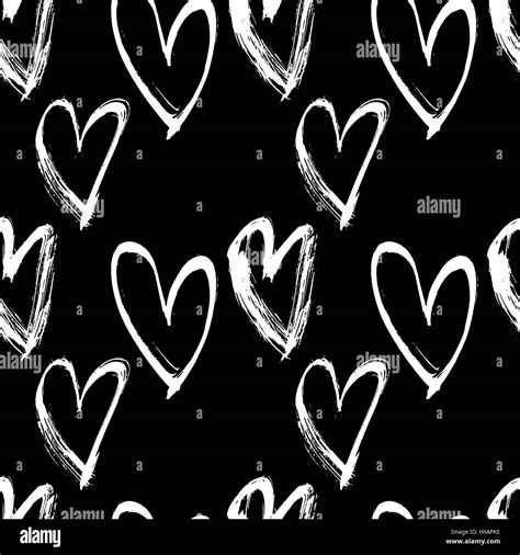 Abstract Seamless Heart Pattern Ink Illustration Black And White Vector Background Stock