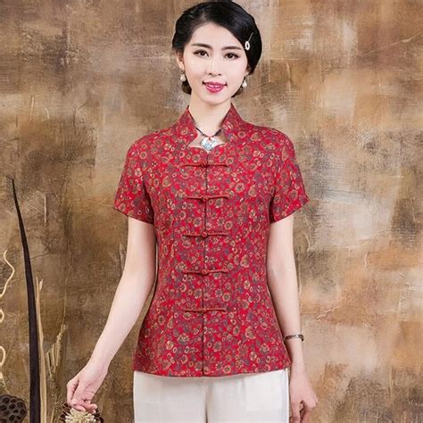 red new arrival cotton linen short sleeve shirts chinese traditional women s blouses festive