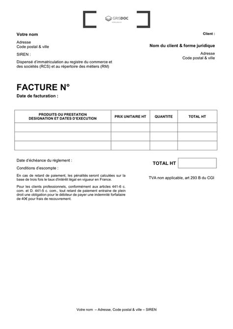 Modèle de facture autoentrepreneur (France)  DOC, PDF  page 1 sur 1