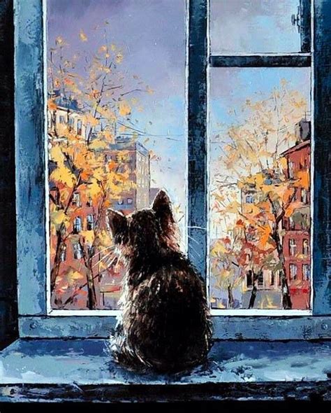 Kitten Sitting On Windowsill Looking Out Window Art Расписанный холст