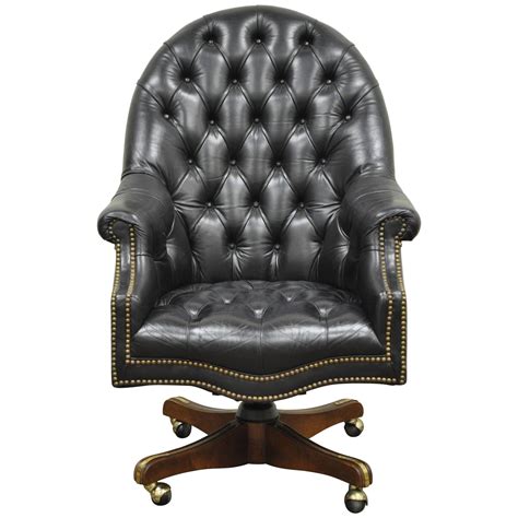 Vintage Deep Tufted Black Leather English Chesterfield Style Office
