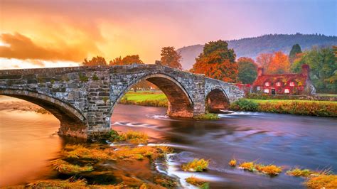 Beautiful Scenery Bridge Above River Colorful Autumn Fall Leaves Trees