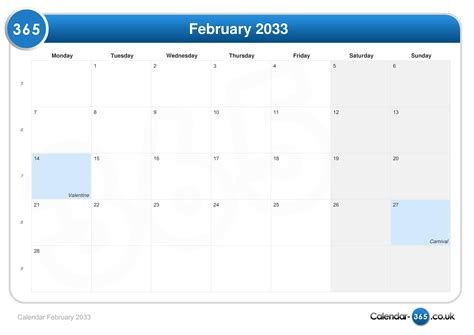 Calendar February 2033