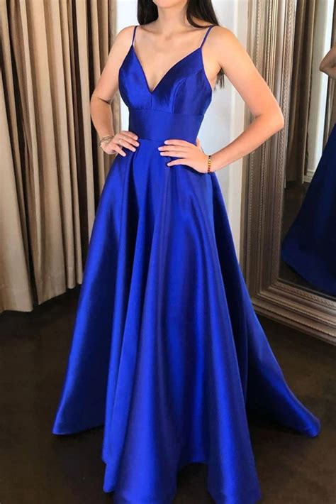 A Line V Neck Royal Blue Satin Long Prom Dress Royal Blue Formal Grad