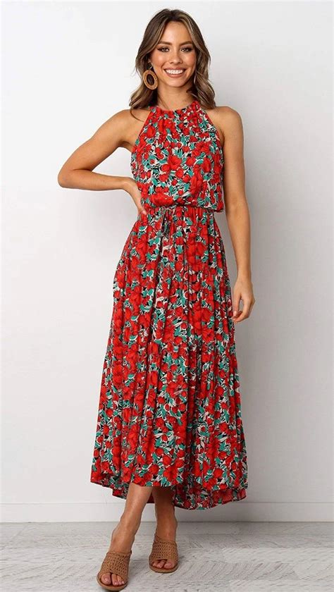 Red Rose Print Halter Midi Dress Gabi Swimwear Maxi Floral Dress