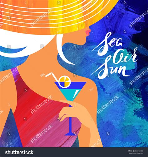 Summer Background Beautiful Woman Silhouette Seaside Stock Vector Royalty Free
