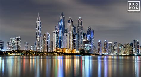 Panoramic Skyline Of Dubai Marina At Night High Definition Art Photo