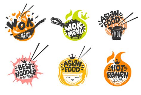 Wok Asian Food Logo Wok Pan Plate Box Sticks Lettering Pepper