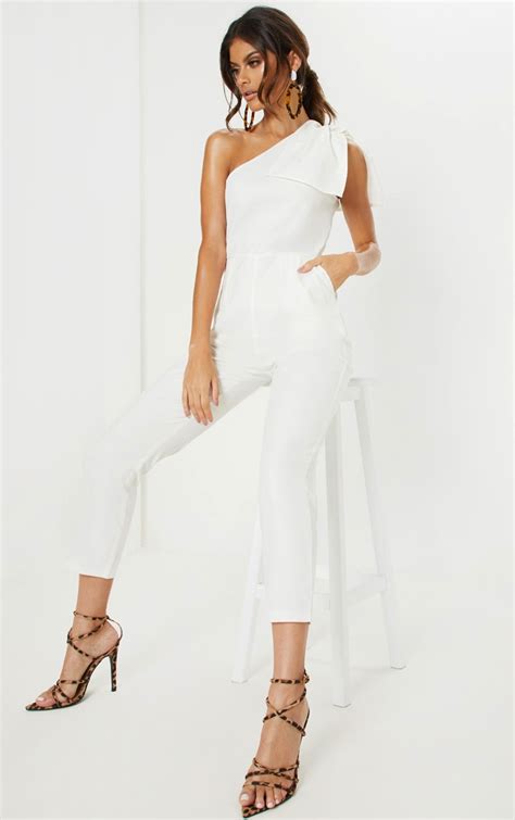 white one shoulder woven sleeveless jumpsuit prettylittlething il