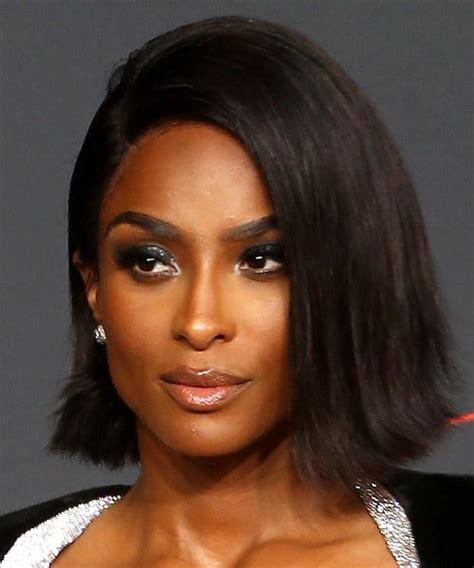 Ciara Medium Straight Black Bob Haircut With Side Swept Bangs