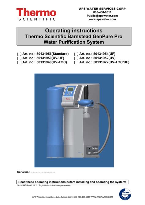 Operating Instructions Thermo Scientific Barnstead Genpure Pro Water