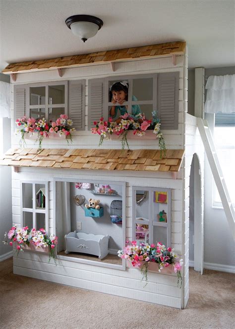 Custom full playhouse loft bed with slide and drawer storage stairs. Layla's Dollhouse Loft Bed, Play Area Underneath. Options ...