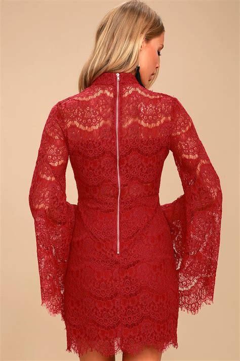Dazzling Wine Red Lace Dress Bell Sleeve Dress