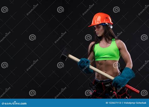 Female Miner Worker With Pickaxe In Coveralls Over His Naked Body Stock Image Image Of