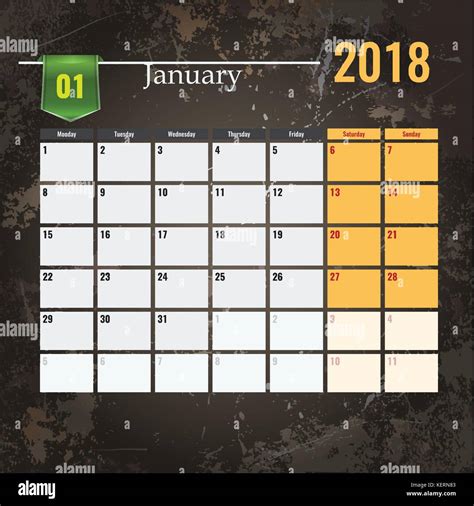 Calendar Template For 2018 January With Abstract Grunge Background