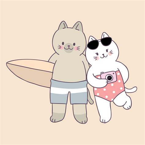 Cartoon Cute Summer Cats Couple Vector Download Free