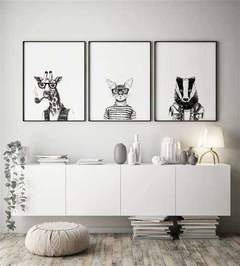 Hipster Animals Print Black And White Monochrome Wall Etsy