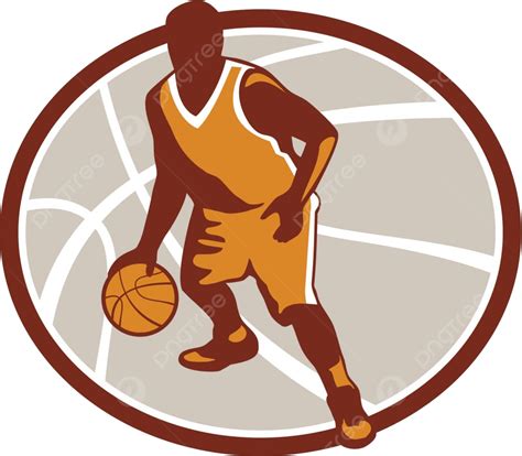 Basketball Player Dribbling Ball Oval Retro Basketball Illustration