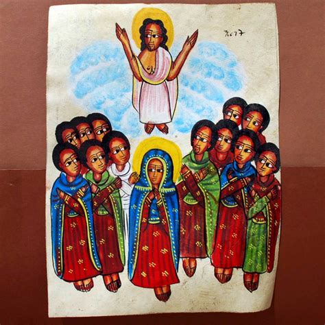 Ethiopian Religious Leather Painting Handpainted Coptic Icon Ascension