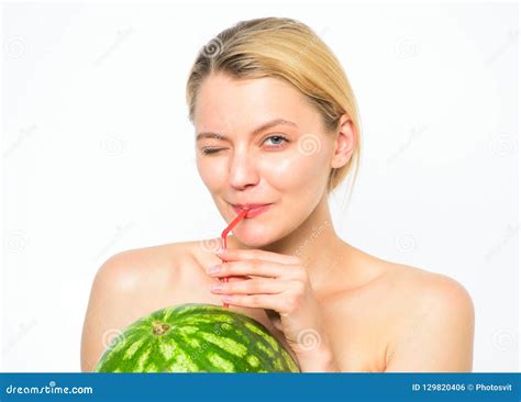 Girl Thirsty Attractive Nude Drink Fresh Juice Whole Watermelon Cocktail Straw White Background