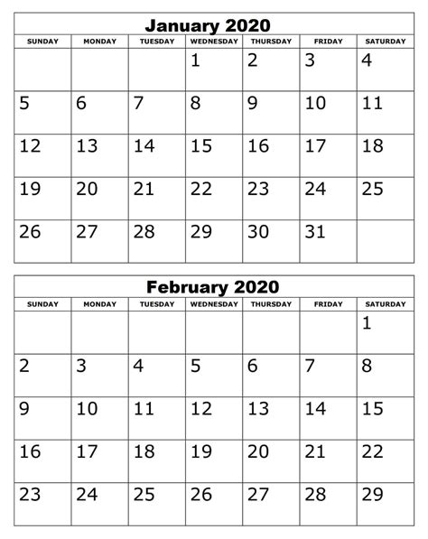 Free Printable January February 2020 Calendar Template Free Printable