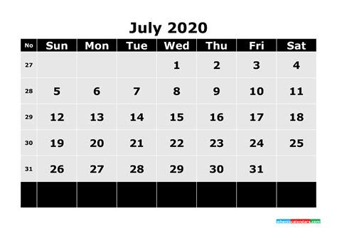 Printable July 2020 Calendar Template Word Pdf