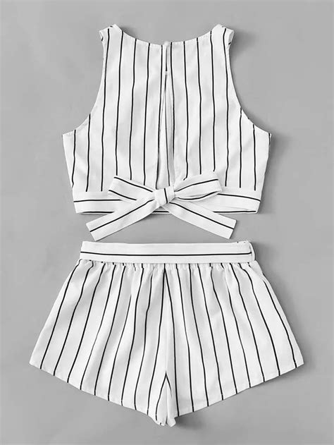Vertical Striped Crop Top And Self Belt Shorts Set Shein Usa Belted Shorts Striped Crop Top