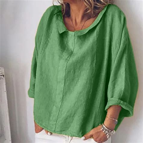 Summer Plus Size Tunic Women Cotton Linen Three Quarter Womens Tops And Blouses Ladies Shirt