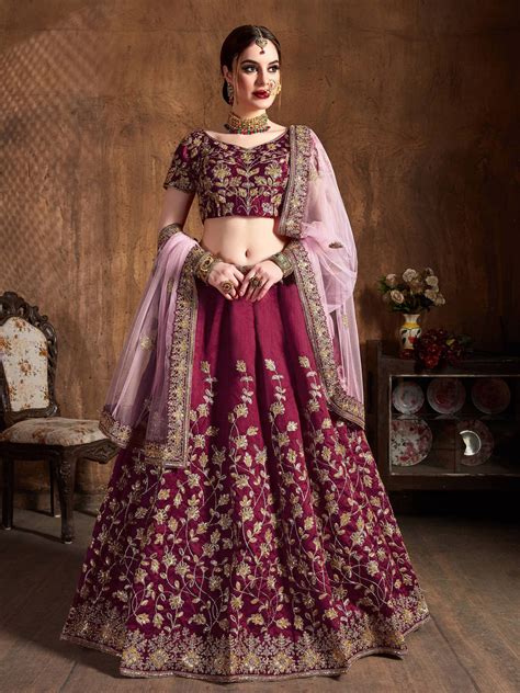 Maroon Sequins Raw Silk Bridal Lehenga Choli With Pink Dupatta In 2020