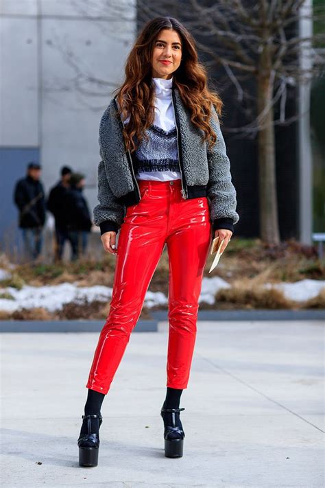 Red Colour Outfit You Must Try With Leather Jacket Denim Patent Leather Pants Outfit