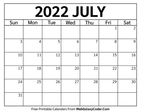 July 2022 Calendar Printable Format Print Now