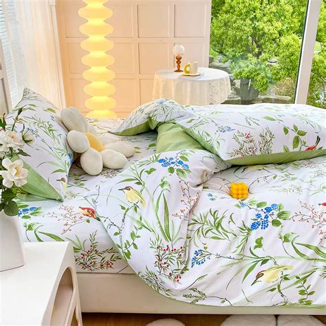 Luofanfei Bettwäsche Set 155x220 Weiß Grün Blätter Pflanzen Blumen Pflanzen Bettwäscheset Vögel