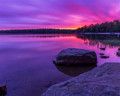 Wallpaper Purple Sunset Forest Lake Rocks 1920x1200 Hd Picture Image