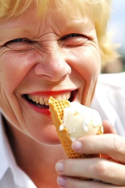 Premium Ai Image Closeup Of A Woman Enjoying Her Ice Cream Created With Generative Ai