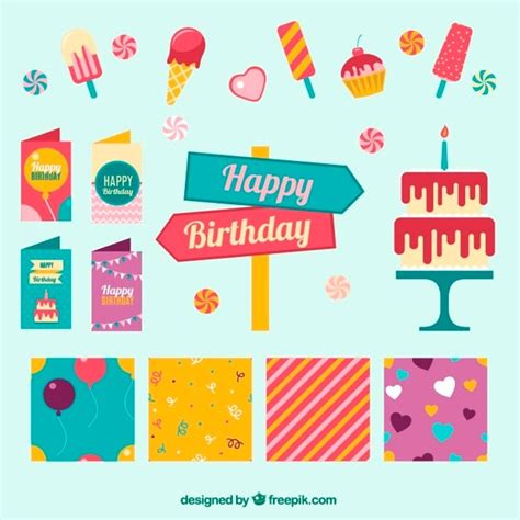 Free Vector Set Of Birthday Decoration And Elements In Flat Design